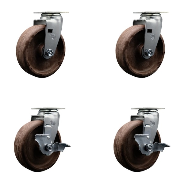 6'' High Temp Glass Filled Nylon Swivel Caster Set w/Roller Bearings 2 Brakes, 4PK